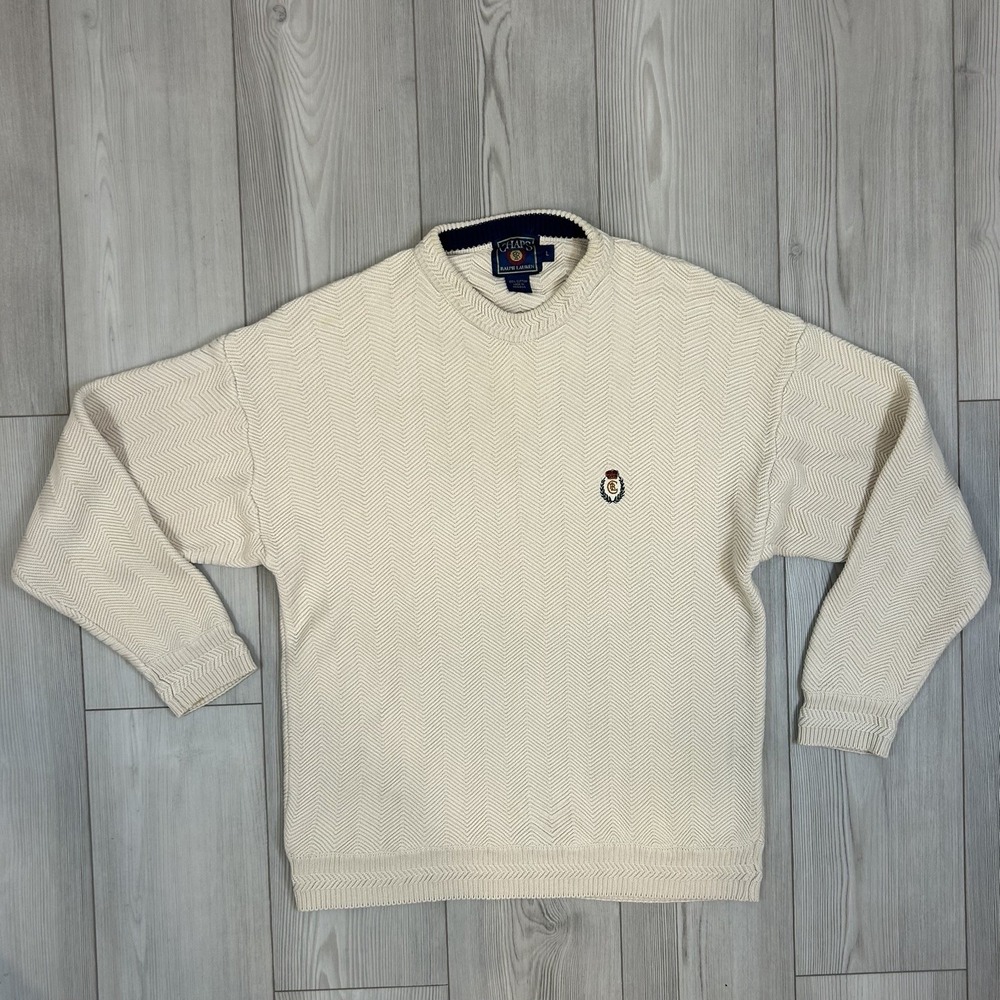 Vintage Chaps Ralph Lauren Beige Knit Crewneck Pullover Sweatshirt Mens Large